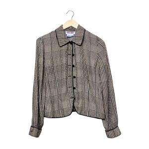 Maggy London Silk Blouse Tan Black Houndstooth Plaid Button Front Top Womens 10